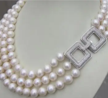 

Free Shipping Charming 3 Row AAA natural 8-9mm White Sea South Pearl Necklace 17-19" !