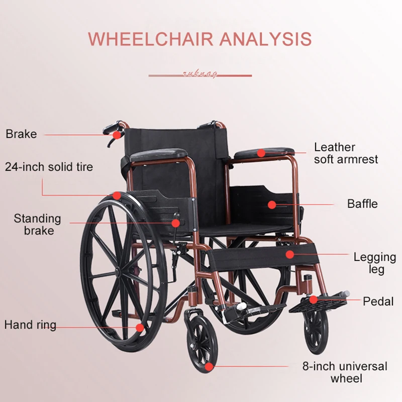 Leisure Wheelchair Leather Soft Armrest 24 Inch Solid Tire Folding Portable Carrying Quick-Disassembly Rear Wheel For Disabled