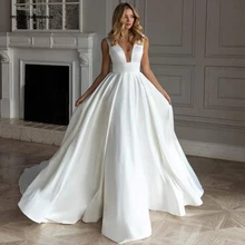 High Quality Satin Wedding Dresses Deep V Neck Sleeveless Dress 2022 Floor Length A Line Ivory Bridal Gowns with Big Bow  плать