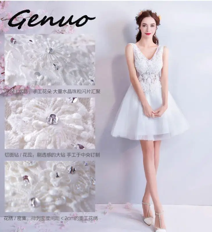 Genuo/Белое Кружевное короткое платье принцессы с цветочным рисунком пляжное платье с v-образным вырезом, украшенное бусинами и цветами маленькое белое платье 086t