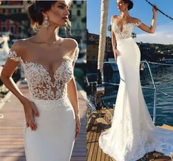 Beach Vestido De Noiva Muslim Wedding Dresses Mermaid Off The Shoulder Satin Lace Vintage Boho Wedding Gown Bridal Dress
