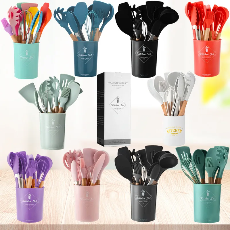 

Kitchen Set cooking utensils Set of 11 Sets of Silica Gel Kitchen Utensils and Appliances with Colorful Wooden Handle