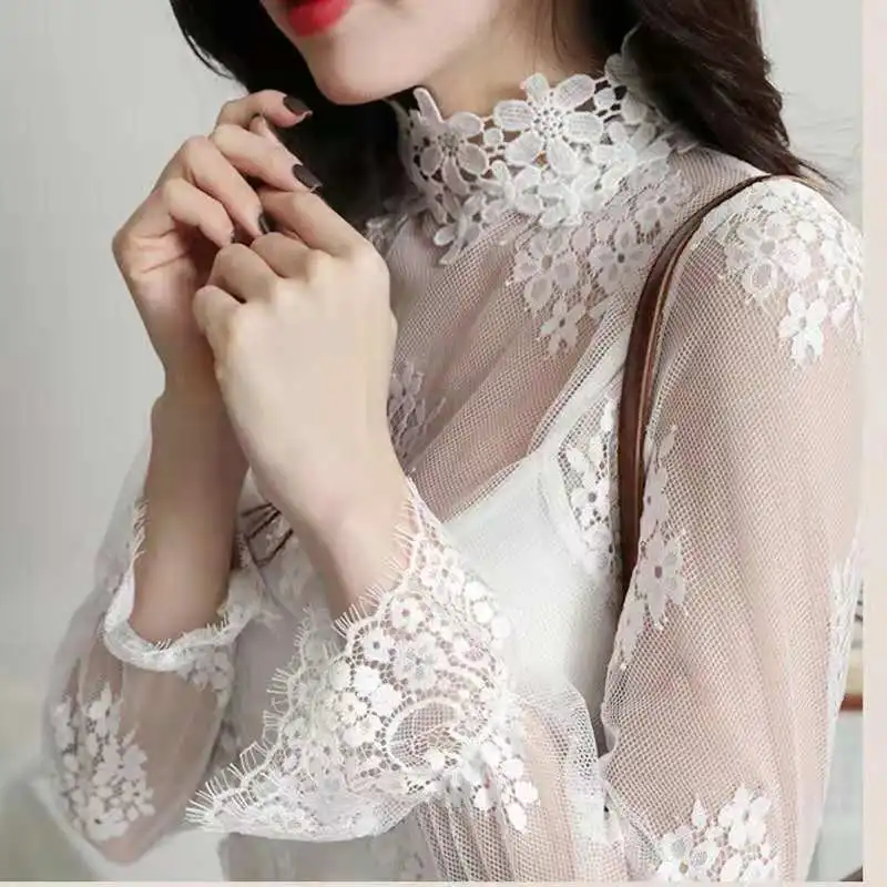 plus size blouses 2020 Autumn women Long Sleeve Turtleneck Lace Shirt Sexy Blouse lady Slim Blouse Perspective Mesh female Shirts Tops ladies shirts