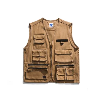 

Canvas Multi-Pockets Zipper Cardigan Men's Casual Trend Outdoor Sports Vest Jacket Coat Men Streetwear Japan Style Outwear Top