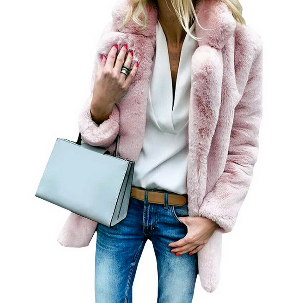 Cysincos женские Роскошные пальто из искусственного меха осень зима длинный рукав Толстая пушистая куртка пальто однотонная модная верхняя одежда женская - Цвет: pink