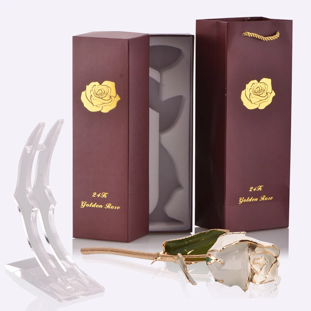 WHITE 24K позолоченный цветок розы с изысканным держателем в черной подарочной коробке позолоченные розы рождественские подарки для женщин Прямая поставка - Цвет: WHITE