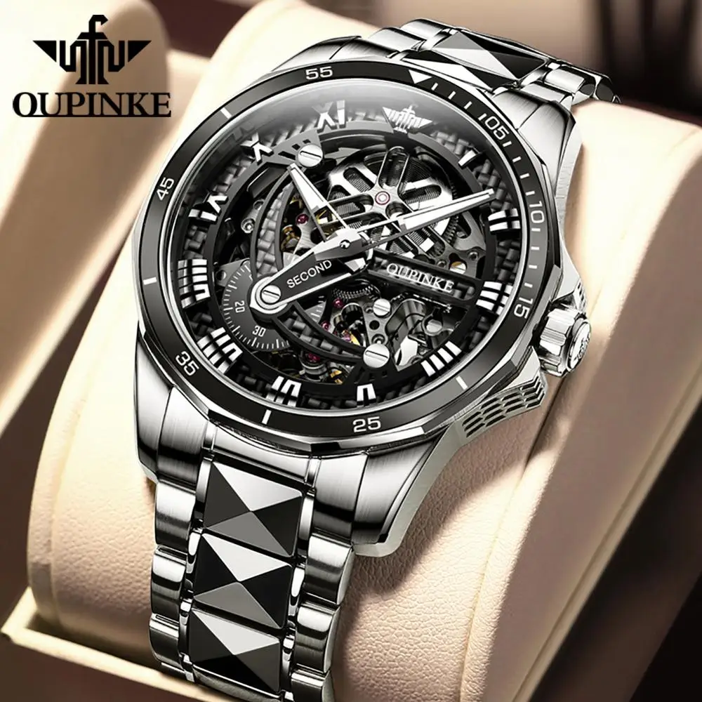 US $238.00 Top Brand OUPINKE Luxury Mens Mechanical Wristwatch Automatic Watch Men Classic Skeleton Tungsten Steel Sapphire Waterproof