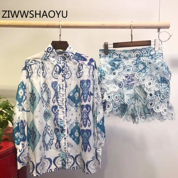 

ZIWWSHAOYU Women Fashion Summer Bohemian Vacation Suits long Sleeve Print Tops And Ladies Hollow Out Shorts 2 Two Piece Set
