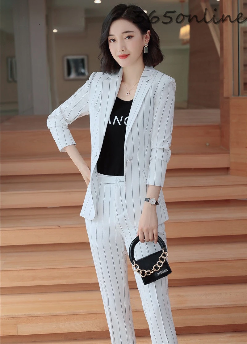 Fashion Striped Spring Autumn Formal Women Business Suits Pantsuits for Ladies Office Blazers with Pants and Jackets OL Styles