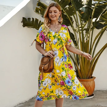 

2020 Fashion Plus Size Women's Bohemian Floral Dress Cotton Short-sleeved Beach Party Dress Summer Slim Elegant Long Dress 4XL