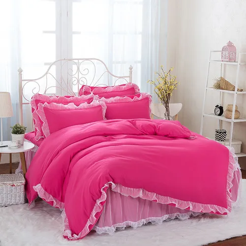 rose red Комплект постельного белья в Корейском стиле, кружевное постельное покрывало принцессы, пододеяльник из 2 предметов, наволочки, 4 предмета в партии, комфортный комплект из пушистой пряжи, противоскользящий - Цвет: rose red