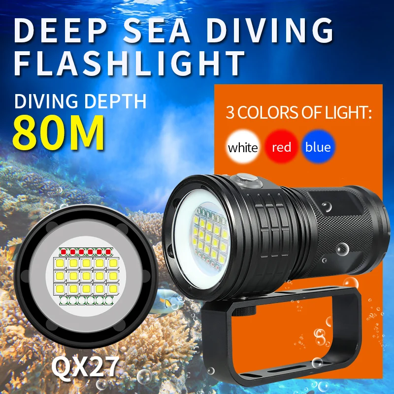 

QX LED Flashlight For diving underwater deep sea fishing Lanterna 300W IPX8 waterproof LED Torch 7 switch mode diving 80m deep
