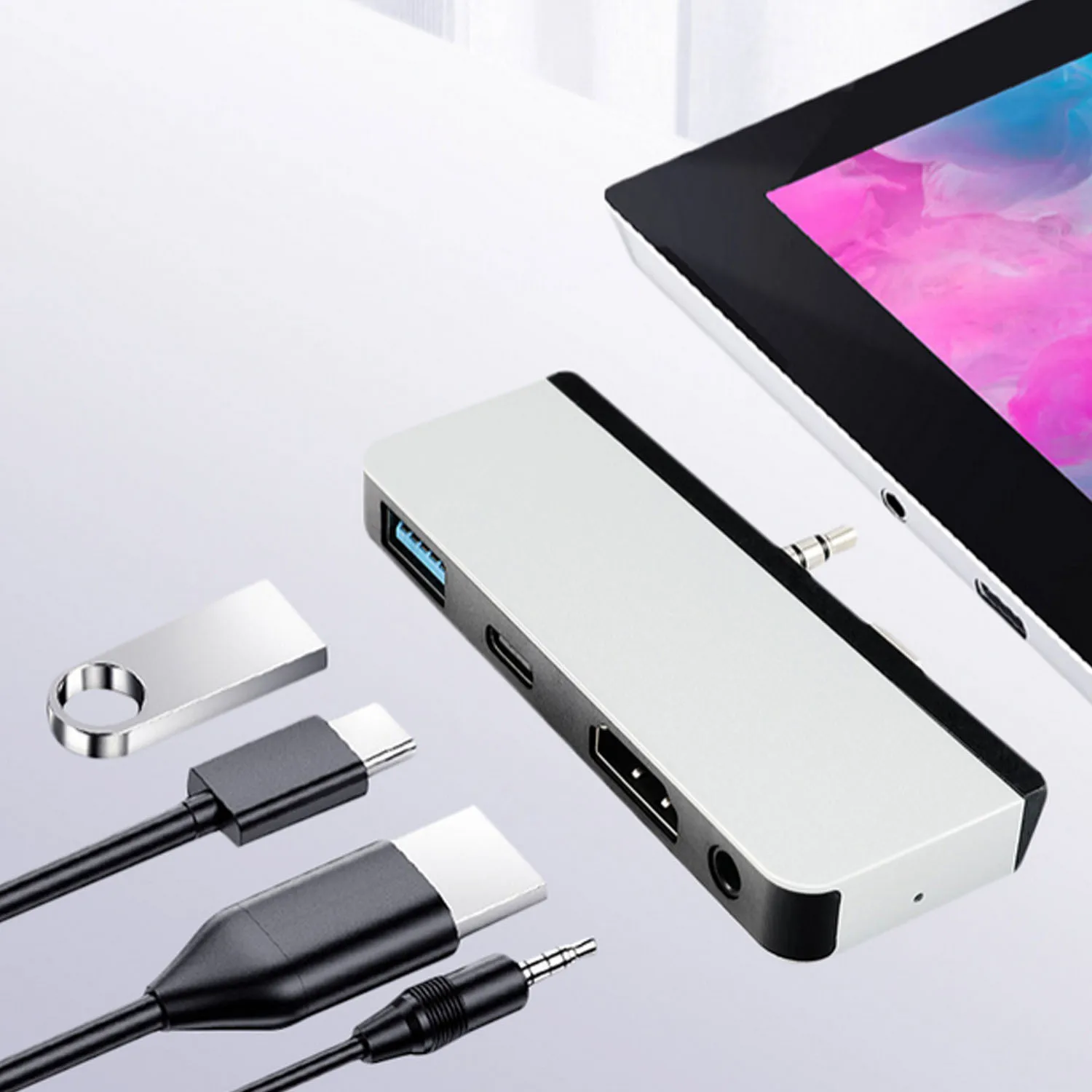 Elisona 4 In 1 USB Docking Station Hub Headphone Adapter For Microsoft Surface Go Practical 4 In 1 USB3 0 Type C HDMI 3 5mm port