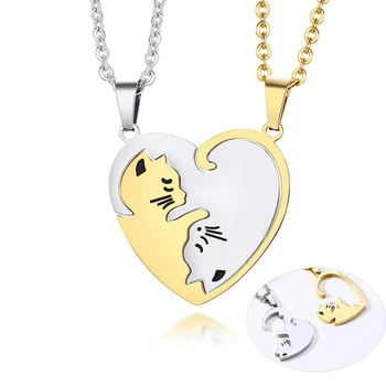

SET OF 2 STAINLESS STEEL CAT NECKLACE FOR COUPLES HEART PUZZLE PENDANTS FOR MEN WOMEN LOVERS BFF JEWELRY