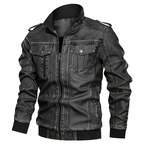 TACVASEN мужская кожаная куртка зимняя Флисовая теплая мотоциклетная куртка из искусственной кожи пальто военный бомбер pu кожаная куртка повседневное пальто - Цвет: Gray