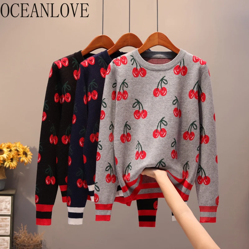 OCEANLOVE, винтажная теплая жаккардовая Женская одежда с вишнями,, теплая Модная осенне-зимняя одежда, новая базовая одежда с круглым вырезом, Sueter Mujer 12831