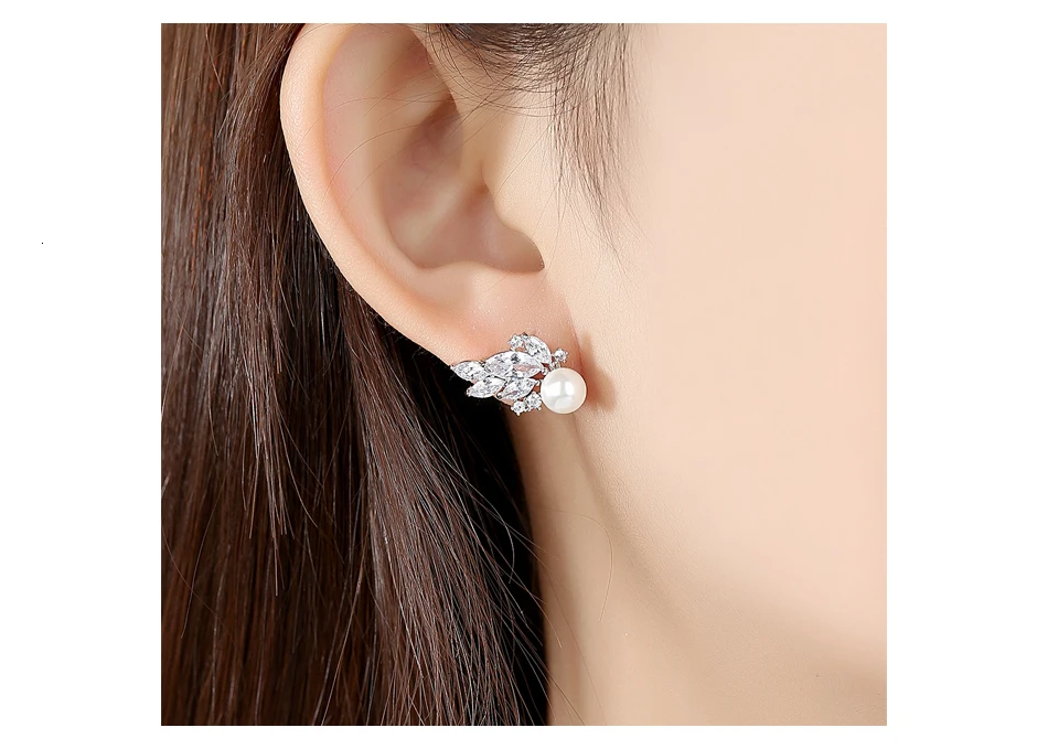 LUOTEEMI Imitation Pearl Wing Shape Stud Earrings for Women Dating with Cubic Zircon Fashion Jewelry Christmas Gift Brincos