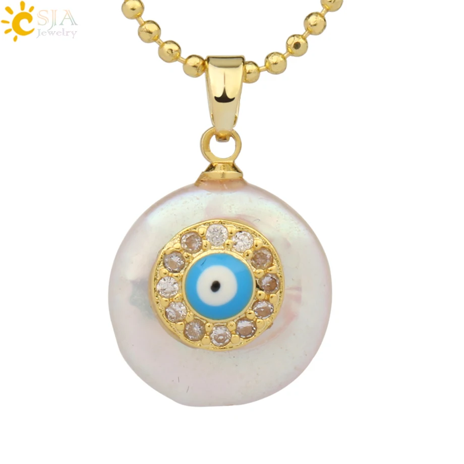 Necklace-J CSJA монета пресноводный жемчуг подвески маленький размер сглаза Хамса Фатима рука Циркон золотого цвета ожерелье чокер для женщин девочек G205 - Окраска металла: Necklace-J