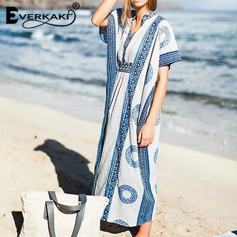 Blue Everkaki женское платье с принтом Boho, свободные пляжные летние длинные платья, повседневные винтажные женские макси платья, женская мода, новая мода - Цвет: Blue