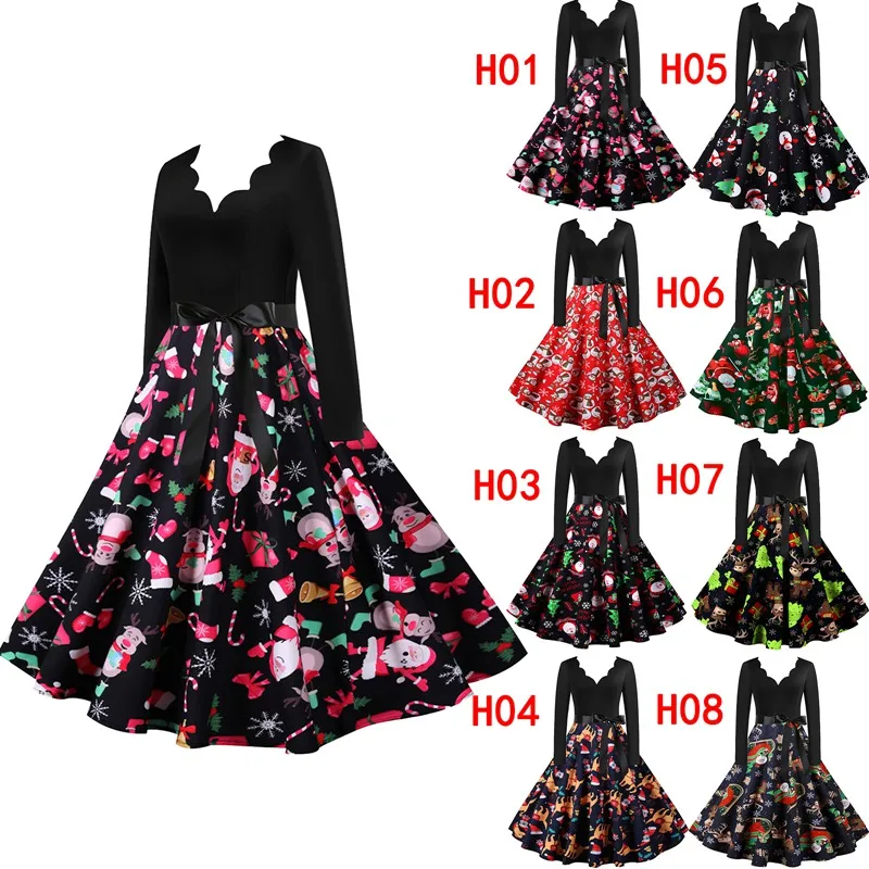 

Christmas Long-sleeved Burnt Flower V-neck Santa Snowman Elk Printed Print Bow Belt High Waist Women Party Dress 2020 NEW