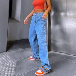 Moda feminina jeans americano hip hop alta streetwear impressão padrão de fogo longo alargamento calças de cintura alta calças jeans para senhora