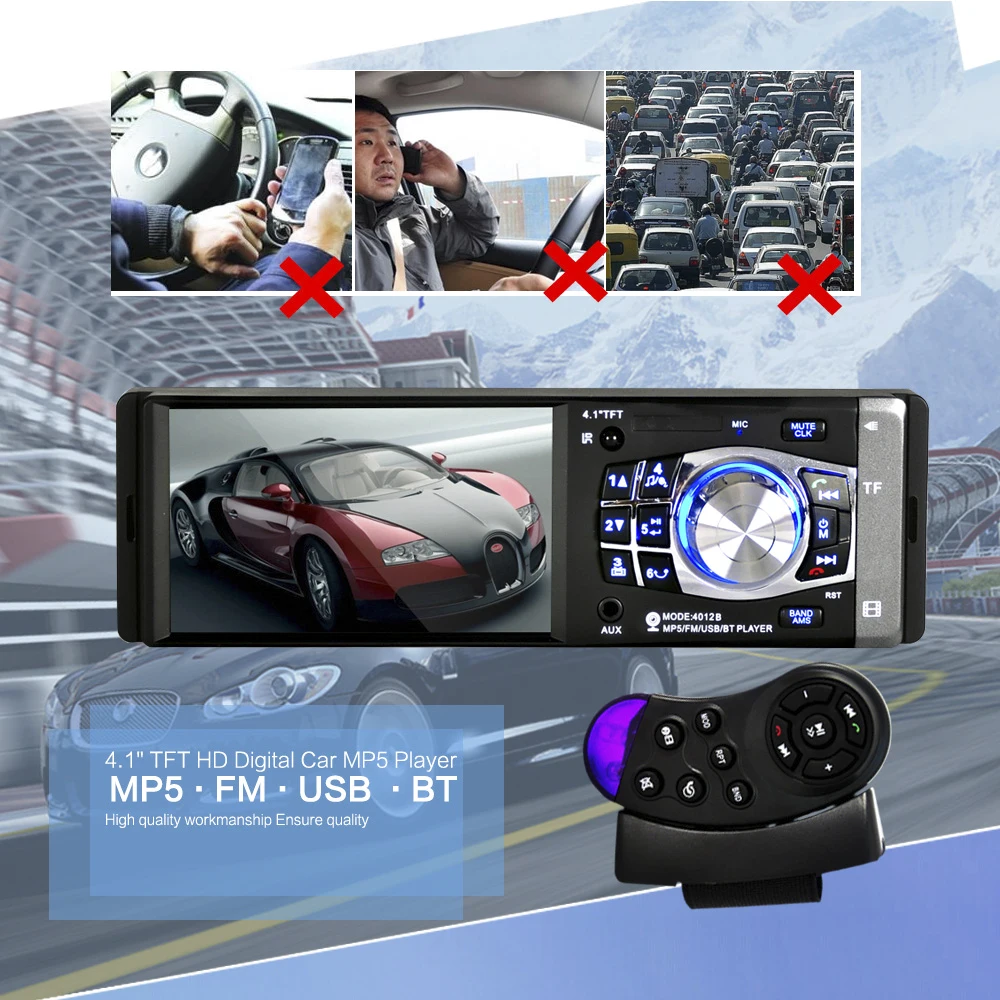 

Universal 4.1" 1 Din Car Audio Auto Radio Stereo MP5 Player FM BT 2.0 Support Rear View Camera USB Steering Wheel Remote Control