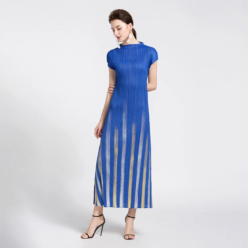 Новинка Miyake, женское платье, лето, новая мода, тренд, ручная роспись, круглый вырез, короткий рукав, высокое качество, платье на пуговицах, блестящее, 2216