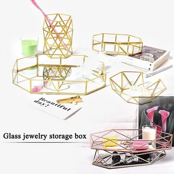 

Make Up Storage Tray Vintage Golden Polygon Shaped Makeup Cosmetics Organizer Brass ans Glass Jewelry Sundries Storage Box 1pc