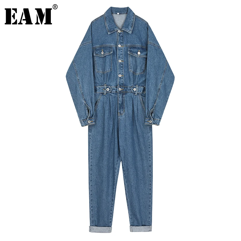 

[EAM] Loose Fit Women Blue Long Denim Leisure Jumpsuit New High Waist Pocket Stitch Pants Fashion Tide Spring Autumn 2020 1N785