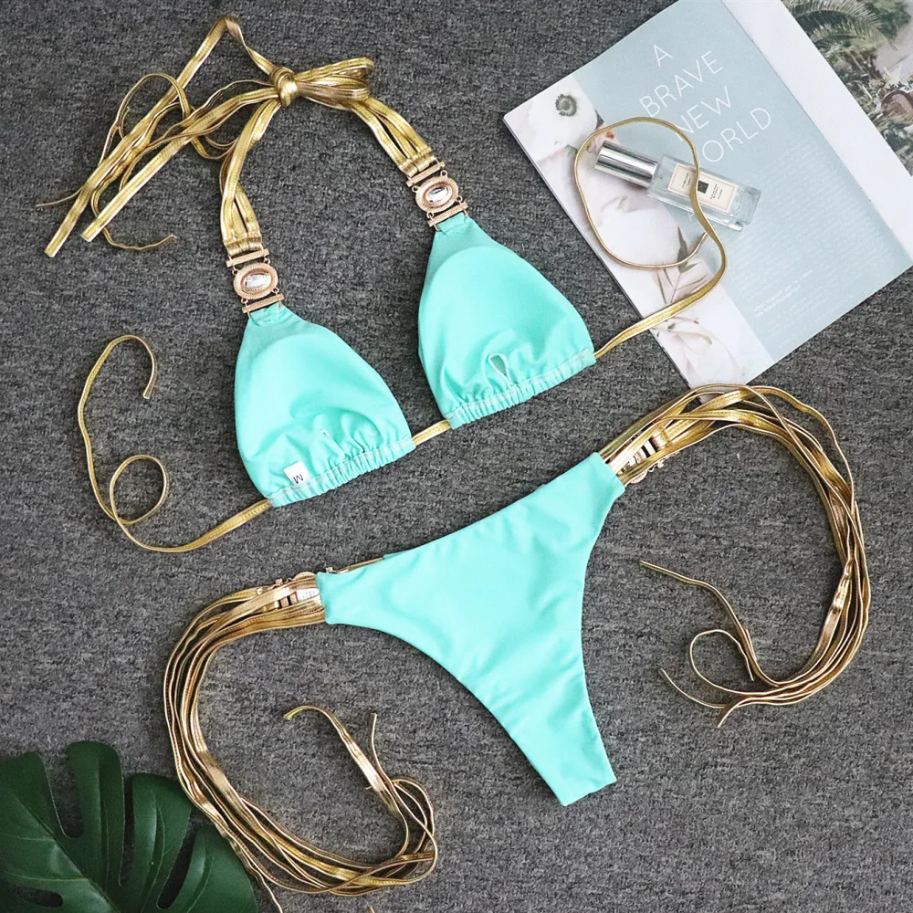 Crystal Bikini Set Push-up Bra Brazilian Tassel Swimwear Halter Solid Red Rhinestone Bathing Suit Swimwear