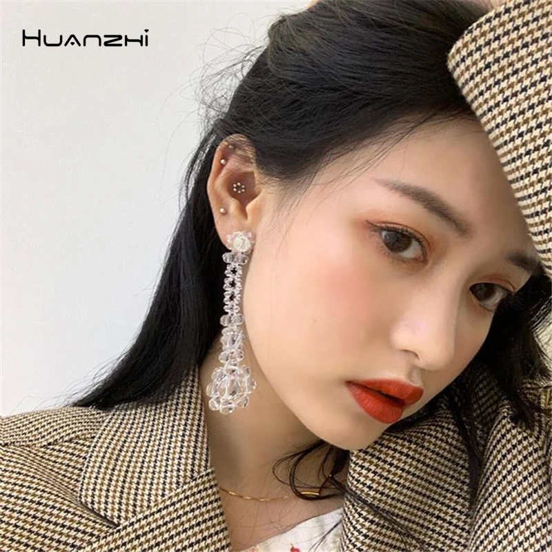 HUANZHI корейские серьги-гвоздики ручной работы с прозрачными бусинами и