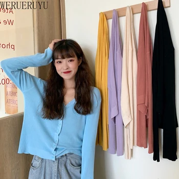 

WERUERUYU Summer Top Women's Knitted Cardigan Korean Style Ladies Thin Style Sun Protection Shirt Candy Color Beach Jacket New