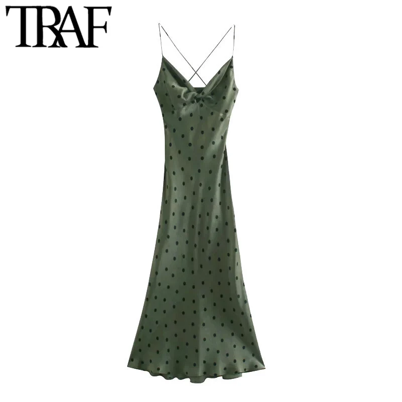 TRAF-vestido Midi Vintage de lunares para Mujer, Vestidos con tirantes finos cruzados, espalda descubierta