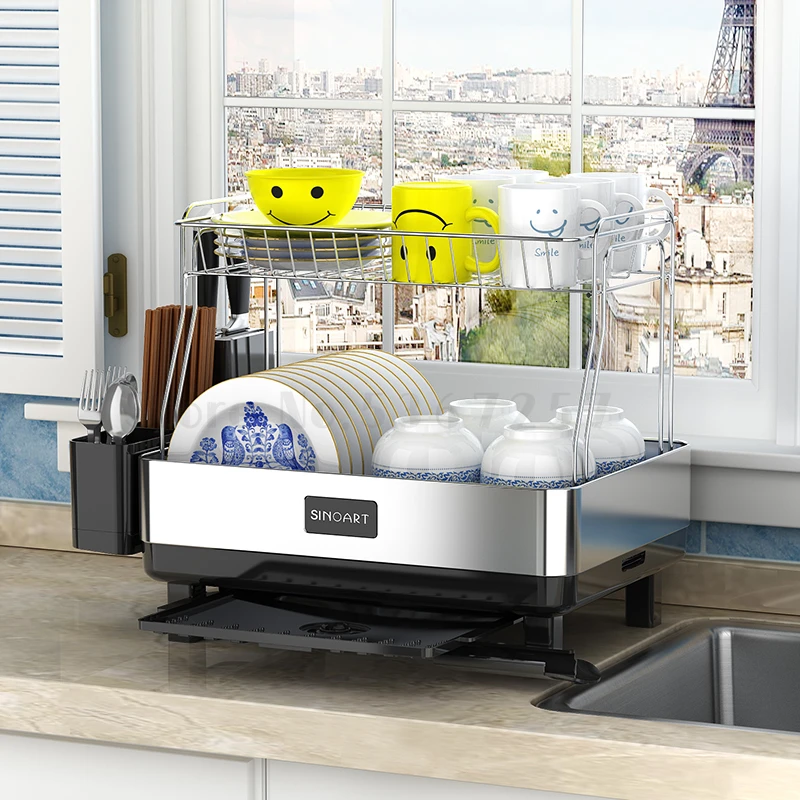 

Stainless steel bowl rack sink drainage rackdishware receptacle box kitchen rack 2 floors