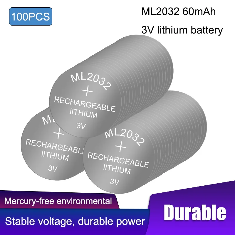 

100PCS 3V ML2032 Li-ion Rechargeable Battery Lithium Button Coin Cell Batteries Watch Cells Replaces CR2032/ML2032