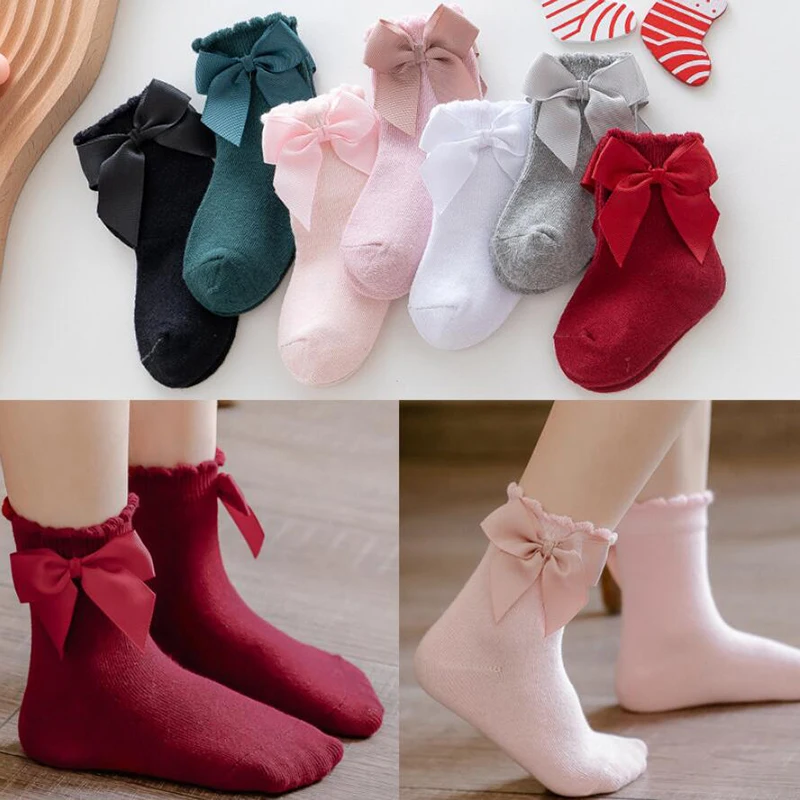 

0-7 Years Toddlers Girls Frilly Socks With Bows Soft Cotton Kids Ankle Sock School Children Socks Infant Baby Floor Sock Cute