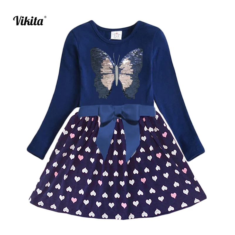 VIKITA Kids Autumn Dress for Girls Children Sequined Dress Girls Butterfly Dresses Toddlers Kids Long Sleeve Cotton Vestidos