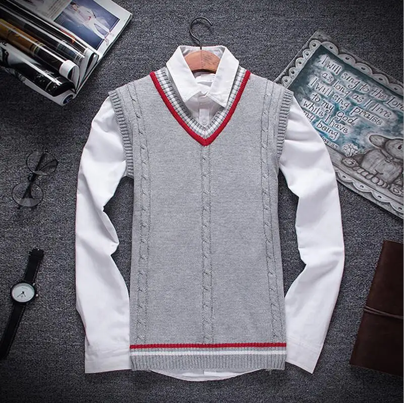 Light Gray Осень Зима мужской модный бутик хлопок v-образным вырезом вязаная кофта без рукавов/мужской формальный деловой свитер жилет - Цвет: Light Gray