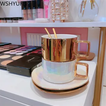 

European style Ceramic Coffee Cup Saucer Spoon Set coffee Mugs Porcelain teacup Luxury Cafe Tea Milk Cups party Drinkware