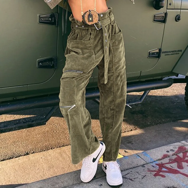 

Casual Military Corduroy Straight Pants Capris Fashion Spring Long Trousers Ladies Korean Sweatpants Women Streetwear