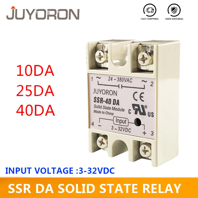 SSR-25DA 10DA 40DA твердотельное реле 25A 10A 40A модуль 3-32V DC вход 24-380V AC SSR 25DA для