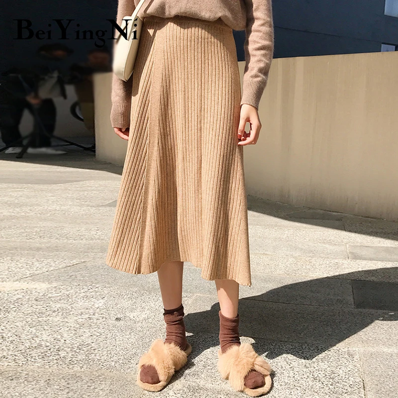 Beiyingni, винтажная, Харадзюку, толстая юбка, женская, одноцветная, плиссированная, черный, абрикосовый, повседневные, миди юбки, для женщин, s, с высокой эластичной талией, Saia