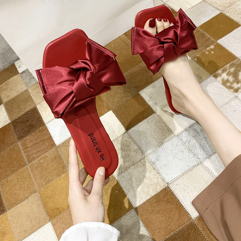 Rimocy Red Sexy Silk Satin Bow Slippers Woman Comfortable Low Heel Summer Slides Women Fashion Soft Bottom Sandals Female 2020 | Обувь