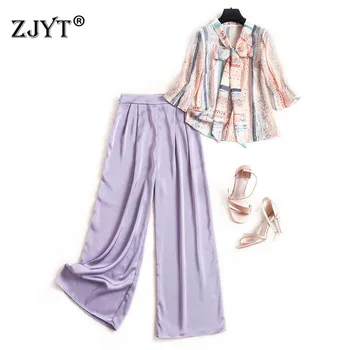 

Elegant Lady Two piece Outfits for Women Pants and Top 2020 New Summer Bow Collar Print Chiffon Shirt Pants Suit Matching Set