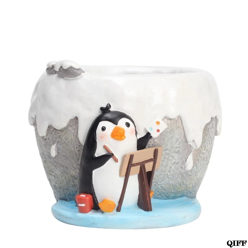 Penguin Cartoon Painting Resin Flower Pot Plant Container Home