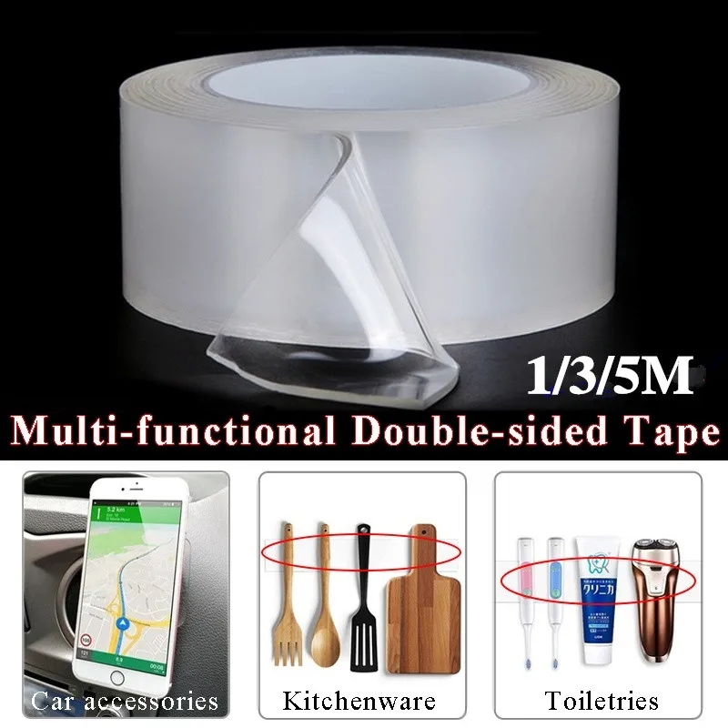 

1/3/5M Double Sided Tape Nano Transparent No Trace Acrylic Magic Tape Reuse Waterproof Adhesive Tape Cleanable Home Improvement