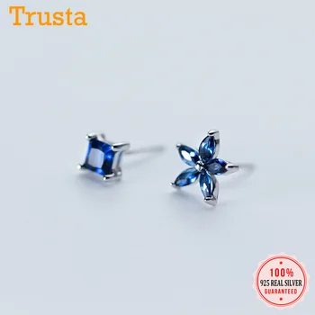 

Trusta 100% 925 Solid Real Sterling Silver Women Jewelry Blue Asymmetric Flower Square CZ Stud Earrings For Daughter Girls DS330