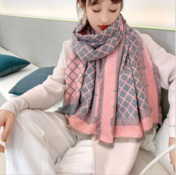 gray pink Новинка, плотное одеяло, брендовая дизайнерская Пашмина, ромбовидная кисточка, шаль, Женская Роскошная имитация кашемира, шарф и шаль - Цвет: gray pink