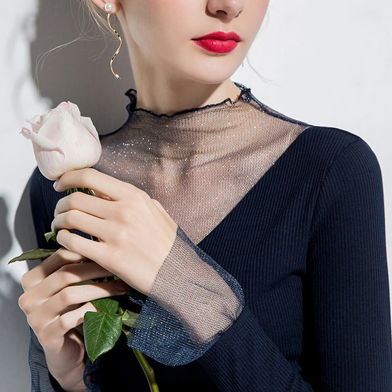 

blouse women 2020 Turtleneck mesh bottoming shirt female bright silk black inside 2020 foreign style spring shirt blouse Lace