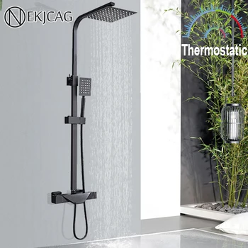 

Black Thermostatic Bathroom Shower Faucet Set Chrome 8 inch Shower Head Brass tub spout Bathtub Shower Crane Thermostatic Taps